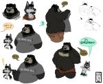 2019 anthro belly black_bear black_fur bulge butt canid canine canis clothing cute_fangs domestic_dog duo english_text fur grandbearkuma1 humanoid_hands male mammal moobs moon_bear overweight overweight_male shirt simple_background text underwear ursid ursine white_background 