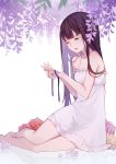  1girl absurdres black_hair blue_ribbon commentary_request crying dress eyes_closed flower highres holding holding_ribbon original purple_flower red_flower reflection ribbon simple_background sitting slyvia solo streaming_tears sundress tears white_background white_dress wisteria yellow_flower 