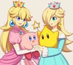  (mario) 2girls blonde_hair blue_eyes crossover crown dress kirby_(series) mario_(series) multiple_girls nail_polish nintendo pink_dress princess_peach rosetta_(mario) super_mario_bros. super_mario_galaxy super_smash_bros. wand wusagi2 