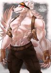  2019 abs anthro biceps canid canine canis clothing digital_media_(artwork) fur hi_res male mammal muscular muscular_male pecs tattoo wolf yaku 