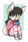  2018 aggie_(artist) anthro beverage brown_hair canid canine clothed clothing cub cute_fangs digital_media_(artwork) female fennec footprint fox freckles fur green_eyes hair holding_object hot_cocoa inner_ear_fluff kaelie mammal open_mouth pajama_pants pawprint pigtails shirt simple_background sitting smile solo sweater teeth young 