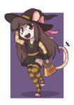  2018 aggie_(artist) anthro bag bow brown_eyes brown_fur brown_hair candies clothed clothing cub didelphid digital_media_(artwork) dress female food fur hair halloween hat holding_object holidays legwear long_hair mammal marsupial open_mouth simple_background smile socks solo spots standing stockings young 