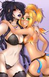  2girls ass back bare_back bare_shoulders black_hair blonde_hair bra braid breasts cleavage earrings female final_fantasy final_fantasy_x green_eyes grin hair_bun hair_ornament hair_over_one_eye hairclip hug jewelry large_breasts lavender_background legs lingerie lips lipstick looking_at_viewer looking_back lulu_(final_fantasy) makeup mole mole_under_mouth multiple_girls mutual_yuri neck necklace panties ponytail purple_lipstick red_eyes rikku serious sideboob smile spewing_mews square_enix standing teeth twin_braids underwear yuri 