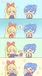  2girls :d aikatsu! aikatsu!_(series) artist_request blonde_hair blue_hair blush coat cold comic gloves hair_ribbon holding_hands hoshimiya_ichigo idea idol kiriya_aoi light_bulb long_hair mittens multiple_girls open_mouth ponytail ribbon scrunchie shaking side_ponytail silent_comic smile speech_bubble spoken_light_bulb trembling upper_body wind winter_clothes yuri 