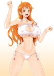  1girl breasts cat_keyhole_bra cat_panties cat_print cleavage cleavage_cutout erect_nipples huge_breasts janong long_hair looking_at_viewer nami_(one_piece) narrow_waist navel one_piece open_mouth orange_eyes orange_hair print_panties smile solo standing 
