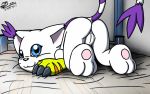  anthro blue_eyes blush butt claws clothed clothing digimon digimon_(species) digital_media_(artwork) female fur gatomon gloves haiiromon looking_at_viewer mammal pussy smile whiskers white_fur young 