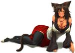 1girl animal_ears arm_support armband bare_shoulders blush breasts brown_hair cat_ears cat_tail cleavage dark_skin detached_sleeves fur highres huge_breasts jewelry long_hair looking_at_viewer lying miniskirt necklace on_side parted_lips pekoneko skirt smile solo tail thighhighs yellow_eyes zettai_ryouiki 