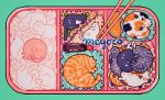  animal aqua_background artist_name black_cat bottle cat chopsticks eyes_closed food lying meyoco no_humans obentou orange_cat original peas pink_cat sauce sparkle tray white_cat 