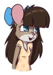  2018 aggie_(artist) anthro blue_eyes bow brown_fur brown_hair buckteeth clothed clothing digital_media_(artwork) dress female freckles fur hair mammal mouse open_mouth rodent simple_background smile solo teeth white_background young 