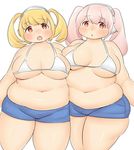  2girls belly bikini blonde_hair blush breasts cleavage fat fusa_(starless2323) headphones large_breasts multiple_girls nitroplus open_mouth pink_eyes pink_hair starless2323 super_pochaco super_sonico swimsuit twintails wide_hips 