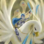  armor bird blue_hair fire_emblem fire_emblem_if lance polearm ponytail purple_eyes rubicho scar simple_background solo yuugiri_(fire_emblem_if) 