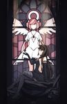  2girls akemi_homura akuma_homura black_gloves black_shoes dark_background double_quatrefoil gloves kaname_madoka light lily_tran mahou_shoujo_madoka_magica mahou_shoujo_madoka_magica_movie multiple_girls sitting stained_glass ultimate_madoka window 