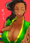  1girl asymmetrical_hair black_hair breasts capcom cleavage cornrows dark_skin eyes_closed frogcage front-tie_top large_breasts laura_matsuda long_hair open_mouth smile solo street_fighter street_fighter_v upper_body 
