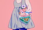  1girl artist_name bag cowboy_shot dress flower grey_dress head_out_of_frame heart heart-shaped_bag leaf liquid long_sleeves meyoco original pink_flower plant shirt shoulder_bag solo sparkle transparent white_flower white_shirt 