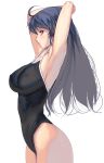  1girl ahoge armpits arms_up black_hair blue_eyes breasts curvy highres large_breasts long_hair masao one-piece_swimsuit original profile school_swimsuit solo standing swimsuit white_background 