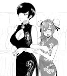  2girls absurdres bracelet breasts bun_cover china_dress chinese_clothes cleavage cleavage_cutout double_bun dress earrings greyscale highres jewelry locked_arms medium_breasts monochrome multiple_girls norman_maggot olive_laurentia original pixie_cut short_hair 