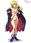  1girl blonde_hair blue_eyes boots brandish breasts cape dela_delon hair_over_one_eye long_hair looking_at_viewer mina_cream navel nipples pussy smile solo staff uncensored 
