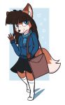  &lt;3 2018 aggie_(artist) anthro bag blue_eyes brown_fur brown_hair canid canine clothed clothing digital_media_(artwork) female fox fur hair holding_object inner_ear_fluff legwear mammal scarf simple_background skirt socks solo sweater waving 