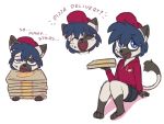  2018 aggie_(artist) anthro blue_eyes blue_hair clothed clothing dialogue digital_media_(artwork) domestic_cat english_text felid feline felis food fur hair happy hat holding_object hoodie inner_ear_fluff legwear looking_at_viewer male mammal multiple_poses pizza pizza_delivery pose shorts simple_background sitting sleeping smile solo spots teeth text tired white_background 