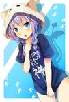  animal_ears animal_hood ao_no_kanata_no_four_rhythm arisaka_mashiro arisaka_mashiro_(cosplay) black_ribbon blue_eyes braid cat_hood cosplay dress_shirt fake_animal_ears gochuumon_wa_usagi_desu_ka? hair_over_shoulder hair_ribbon hood kafuu_chino long_hair looking_at_viewer purple_hair ribbon ryuuguu_yassuu shirt shirt_tug sidelocks solo twin_braids 