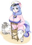  1girl blue_eyes blue_hair bottomless breasts chair cleavage cow_print hat large_breasts long_hair looking_at_viewer milk my_little_pony my_little_pony_friendship_is_magic navel pink_skin shepherd0821 simple_background solo 