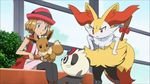  anger animated animated_gif aqua_eyes blonde_hair braixen eevee hat pancham pokemon pokemon_(anime) serena_(pokemon) sitting thighhighs 