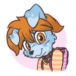 &lt;3 2018 aggie_(artist) ambiguous_gender anthro backpack blue_fur blush brown_eyes brown_hair canid canine canis clothed clothing collar cub digital_media_(artwork) domestic_dog fur hair looking_at_viewer mammal shirt simple_background smile solo white_background young 