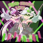  +_+ 2girls aori_(splatoon) concert crowd detached_collar english gloves glowstick hotaru_(splatoon) kitsune23star multiple_girls nintendo pointing splatoon spotlight tentacle_hair text wink 