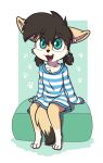  2018 aggie_(artist) anthro brown_hair canid canine clothed clothing cub cute_fangs digital_media_(artwork) female fennec footprint fox freckles fur green_eyes hair inner_ear_fluff kaelie legwear mammal open_mouth pawprint pigtails shirt simple_background sitting smile socks solo teeth young 