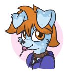  &lt;3 2018 aggie_(artist) anthro blue_fur brown_eyes brown_hair candy canid canine canis clothed clothing collar cub digital_media_(artwork) domestic_dog food fur hair hoodie lollipop looking_at_viewer male mammal object_in_mouth simple_background smile solo white_background young 