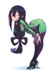  1girl ass asui_tsuyu belt black_eyes black_hair bodysuit boku_no_hero_academia boots breasts cleavage female frog_girl gloves high_heel_boots high_heels liyart long_hair long_tongue looking_at_viewer monster_girl solo thigh_boots thighhighs tongue tongue_out wink 