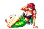  1girl aqua_eyes black_bra bra braid breasts chinese_clothes cleavage commentary commentary_request feet frilled_bra frills hair_between_eyes hand_in_hair highres hong_meiling koyubi_(littlefinger1988) large_breasts long_hair looking_to_the_side lying muscle muscular_female on_side open_clothes red_hair scar simple_background skirt smile solo tangzhuang thighs touhou twin_braids underwear white_background white_frills 