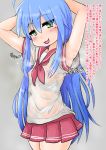  1girl armpit blue_hair blush breasts flat_chest highres izumi_konata lucky_star small_breasts smell sweat translation_request 