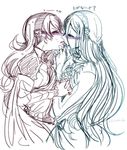  2girls aqua_(fire_emblem_if) armor breasts female fire_emblem fire_emblem_if kamui_(fire_emblem) kiss long_hair monochrome multiple_girls my_unit_(fire_emblem_if) nintendo pixiv_manga_sample saku_(amespi) simple_background yuri 