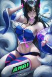  5_fingers absolute_territory ahri_(lol) animal_humanoid bare_shoulders big_breasts black_hair blizzard_entertainment breasts canid canid_humanoid canine canine_humanoid cleavage clothed clothing d.va_(overwatch) facial_markings female fox fox_humanoid hair humanoid league_of_legends legwear long_hair looking_at_viewer mammal markings midriff multi_tail navel overwatch panties riot_games sakimichan shorts skimpy smile solo thick_thighs thigh_highs underwear video_games wide_hips yellow_eyes 