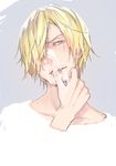  blonde_hair cum cum_in_mouth drooling facial happy_sex licking looking_at_viewer male_focus nagi(artist) naughty_face one_piece pov saliva sanji solo yaoi 