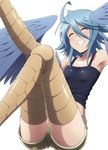  ahoge bird_legs blue_hair blue_wings blush breasts closed_eyes cloud cover_image feathered_wings feathers grin harpy monster_girl monster_musume_no_iru_nichijou official_art papi_(monster_musume) short_shorts shorts small_breasts smile solo talons tank_top wings 