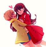  2girls amagi_yukiko black_hair brown_hair couple hairband happy heart hug jacket ladugard multiple_girls persona persona_4 satonaka_chie scarf smile 