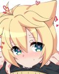  1boy 1girl animal_ears black_pants blonde_hair blue_eyes blush bulge cat_ears close-up cum cum_in_mouth eyebrows_visible_through_hair face fellatio gj-bu hair_between_eyes hair_flaps heart heart-shaped_pupils kirara_bernstein kuro_mushi looking_at_viewer nose_blush open_fly oral pants pov short_hair solo_focus sweat symbol-shaped_pupils trembling 