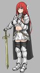  1girl armor breasts cape knight long_hair navel red_hair simple_background skirt solo sword usagi1942 weapon 