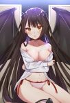  1girl backlighting bare_shoulders black_hair blush breasts brown_eyes cleavage collar collarbone commentary_request curled_horns demon_girl demon_horns demon_tail demon_wings groin horns itoi_toi jacket large_breasts long_hair long_sleeves looking_at_viewer mole mole_on_breast navel no_bra off_shoulder open_clothes open_jacket original panties parted_lips side-tie_panties solo stomach tail thighs underwear very_long_hair white_jacket white_panties wings 