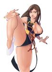  1girl alternate_costume alternate_hairstyle black_dress black_panties breasts brown_hair capcom china_dress chinese_clothes chun-li cleavage dress fighting_stance leg_up nail_polish panties solo spiked_bracelet street_fighter street_fighter_v talez01 underwear 
