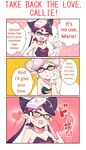  +_+ 2girls 3koma aori_(splatoon) bare_shoulders black_dress black_hair blush comic detached_collar domino_mask dress ear_blush earrings eyes_closed fangs gloves heart hotaru_(splatoon) index_finger_raised jewelry mask multiple_girls pointy_ears sharp_teeth sleeveless sleeveless_dress speech_bubble splatoon symbol-shaped_pupils talking teeth toku_(ke7416613) translated upper_body white_gloves yellow_eyes yuri 