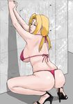  1girl against_wall ass bikini blonde_hair breasts curvy facial_mark female high_heels kiibou large_breasts makeup nail_polish naruto parted_lips sandals sideboob solo spread_legs squatting swimsuit thong tsunade twintails 