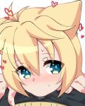  1boy 1girl animal_ears black_pants blonde_hair blue_eyes blush bulge cat_ears close-up eyebrows_visible_through_hair face fellatio gj-bu hair_between_eyes hair_flaps heart kirara_bernstein kuro_mushi looking_at_viewer nose_blush open_fly oral pants pov short_hair solo_focus sweat trembling 