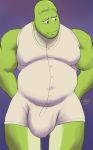  2018 amphibian anthro biceps bulge clothed clothing frog fully_clothed howz male muscular muscular_male nipple_outline purple_background simple_background solo tight_clothing 