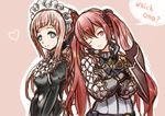  2girls armor belt blue_eyes breasts dress english felicia_(fire_emblem_if) fire_emblem fire_emblem_if frills gloves heart long_hair luna_(fire_emblem_if) maid_headdress multiple_girls one_eye_closed pink_background pink_hair red_eyes red_hair smile twintails wink 