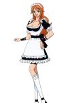  1girl black_dress breasts brown_eyes cleavage dress earrings elegant elegant_dress female food fruit jewelry large_breasts legs lipstick long_dress long_hair looking_at_viewer makeup mugiwara mugiwara_pirates nami_(one_piece) one_piece orange orange_hair pearl_(gemstone) pirate sideboob smile solo standing tattoo 