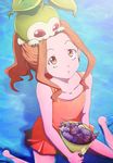  1girl brown_eyes brown_hair digimon digimon_adventure long_hair ocean one-piece_swimsuit opened_eyes ponytail sea shells sitting small_breast small_breasts swimsuit tachikawa_mimi tanemon water 