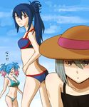  3girls ass back bare_shoulders belka_(fire_emblem_if) bikini blue_hair braid breasts brown_eyes butt_crack cleavage eyes_closed fire_emblem fire_emblem_if hair_over_one_eye hat long_hair midriff multicolored_hair multiple_girls navel oboro_(fire_emblem_if) open_mouth pieri_(fire_emblem_if) ponytail purple_eyes short_hair swimsuit twintails 
